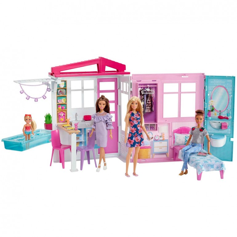 Barbie Doll and Dollhouse Portable Playset with Pool and Accessories GWY84