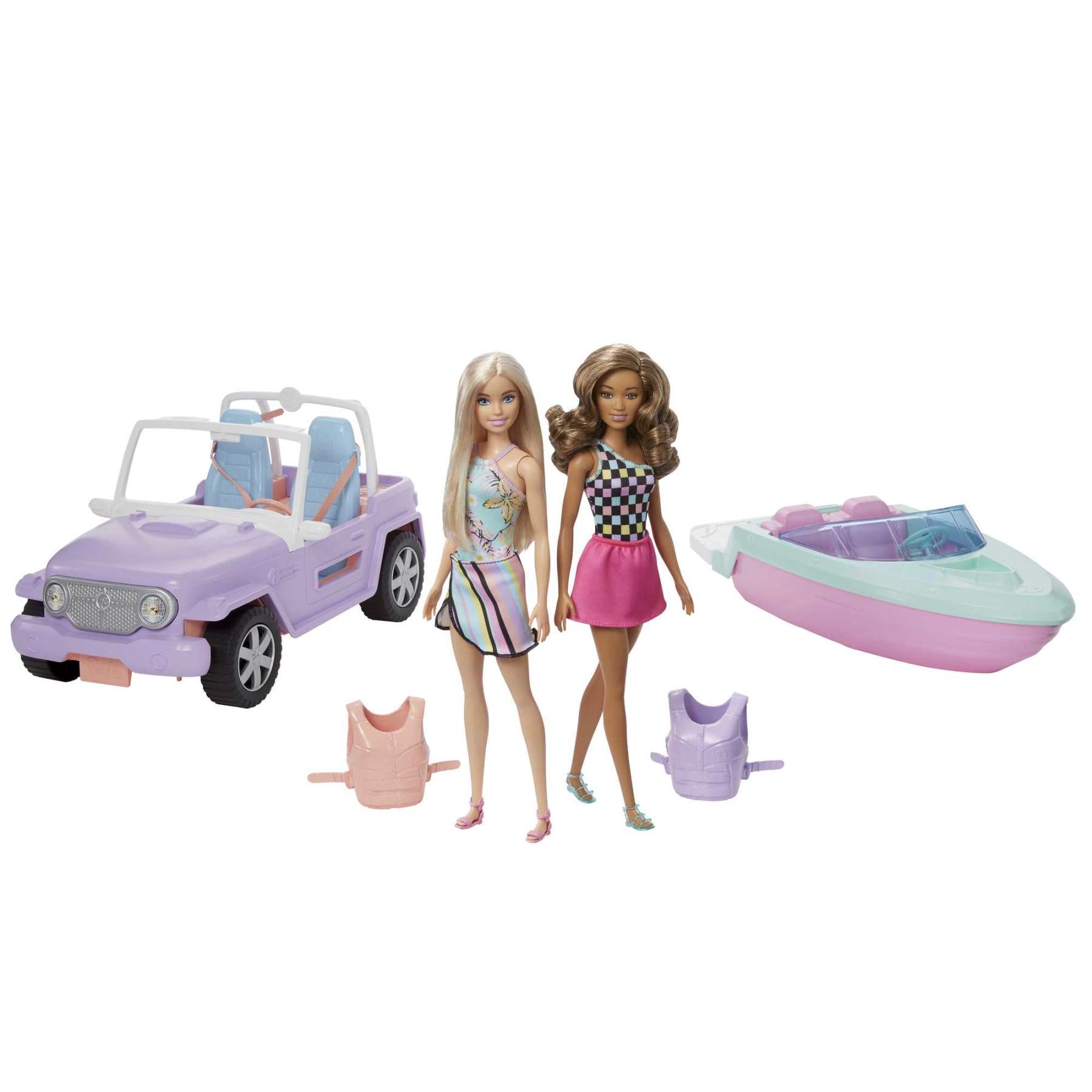 Barbie Purple Jeep And Speed Boat With 2 Barbie Dolls