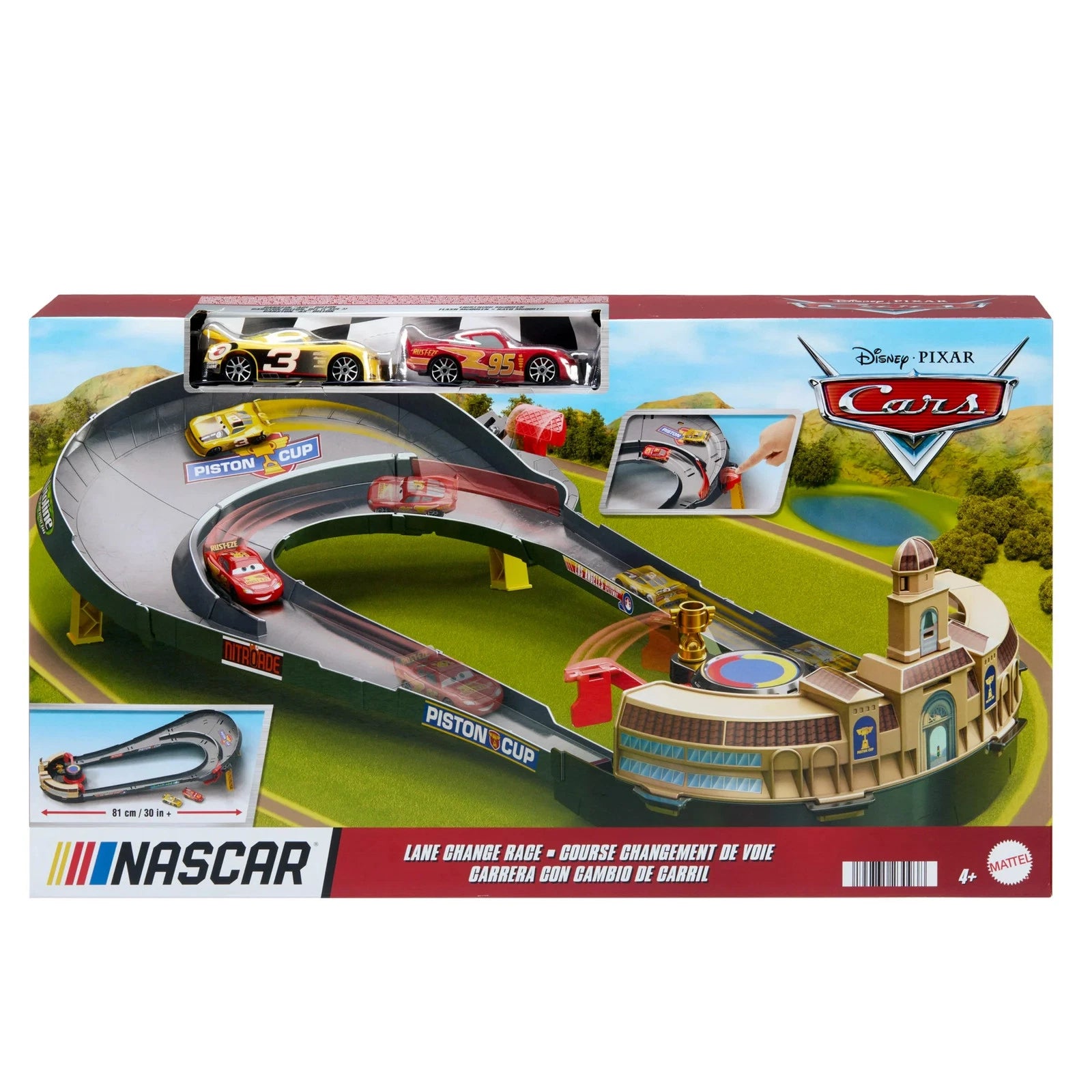Disney And Pixar Cars Nascar Lane Change Race Playset With 2 Toy Vehicles