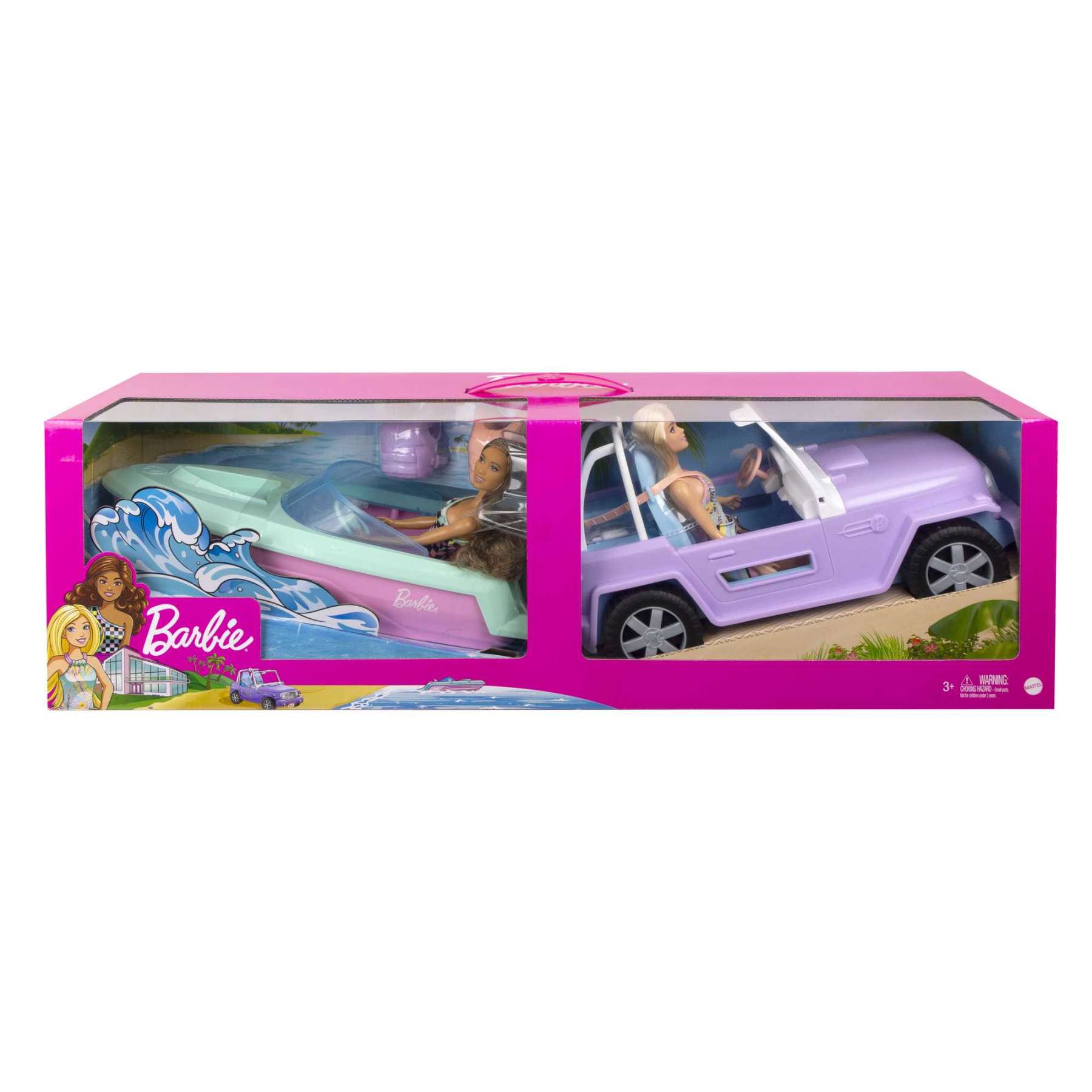 Barbie Purple Jeep And Speed Boat With 2 Barbie Dolls