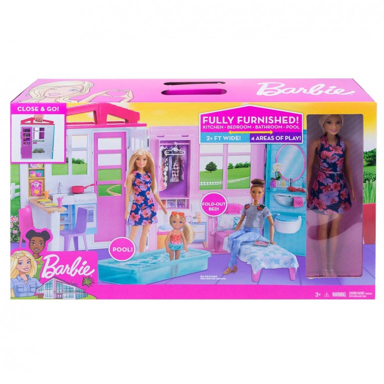 Barbie Doll and Dollhouse Portable Playset with Pool and Accessories GWY84